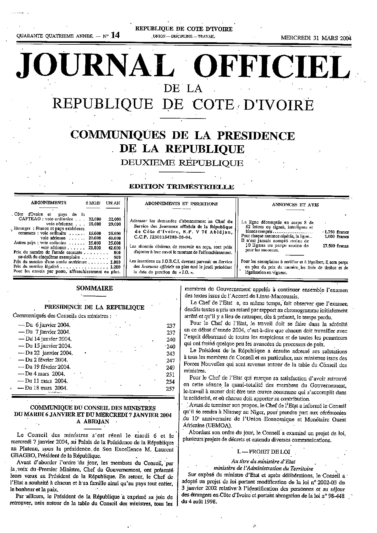 JO 2004-014 COMMUNIQUES