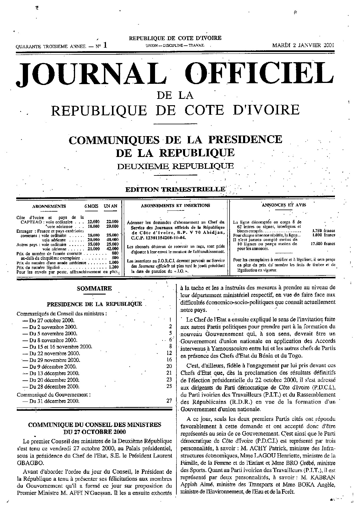 JO 2001-001-COMUNIQUE
