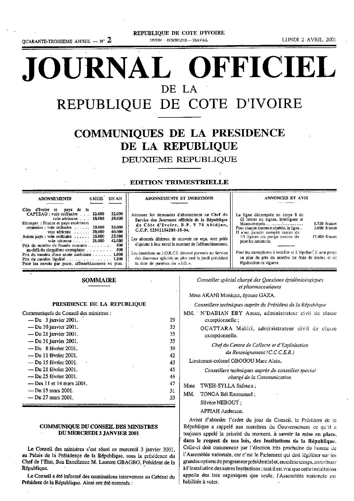 JO 2001-002-COMMUNIQUE