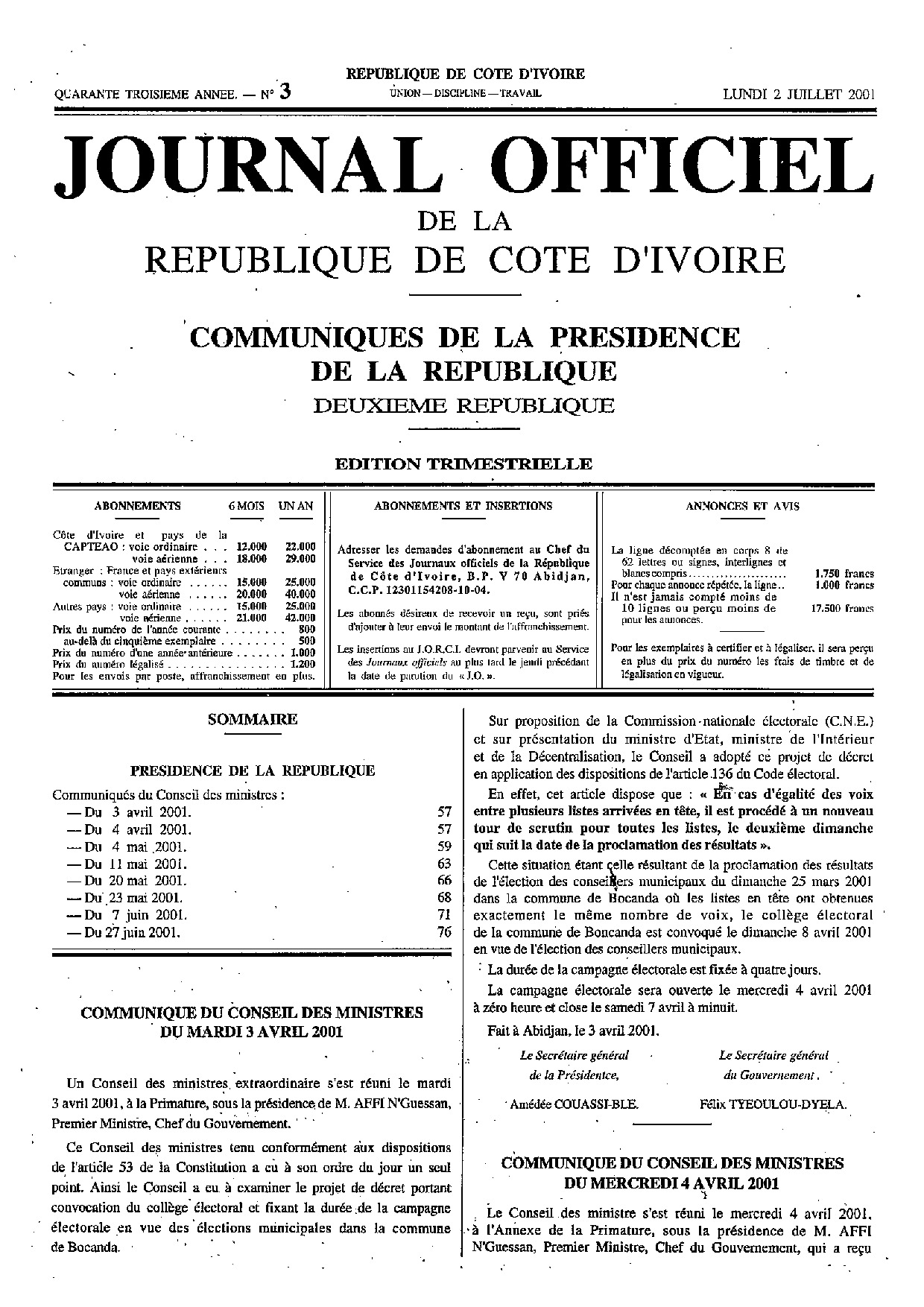 JO 2001-003-COMMUNIQUE