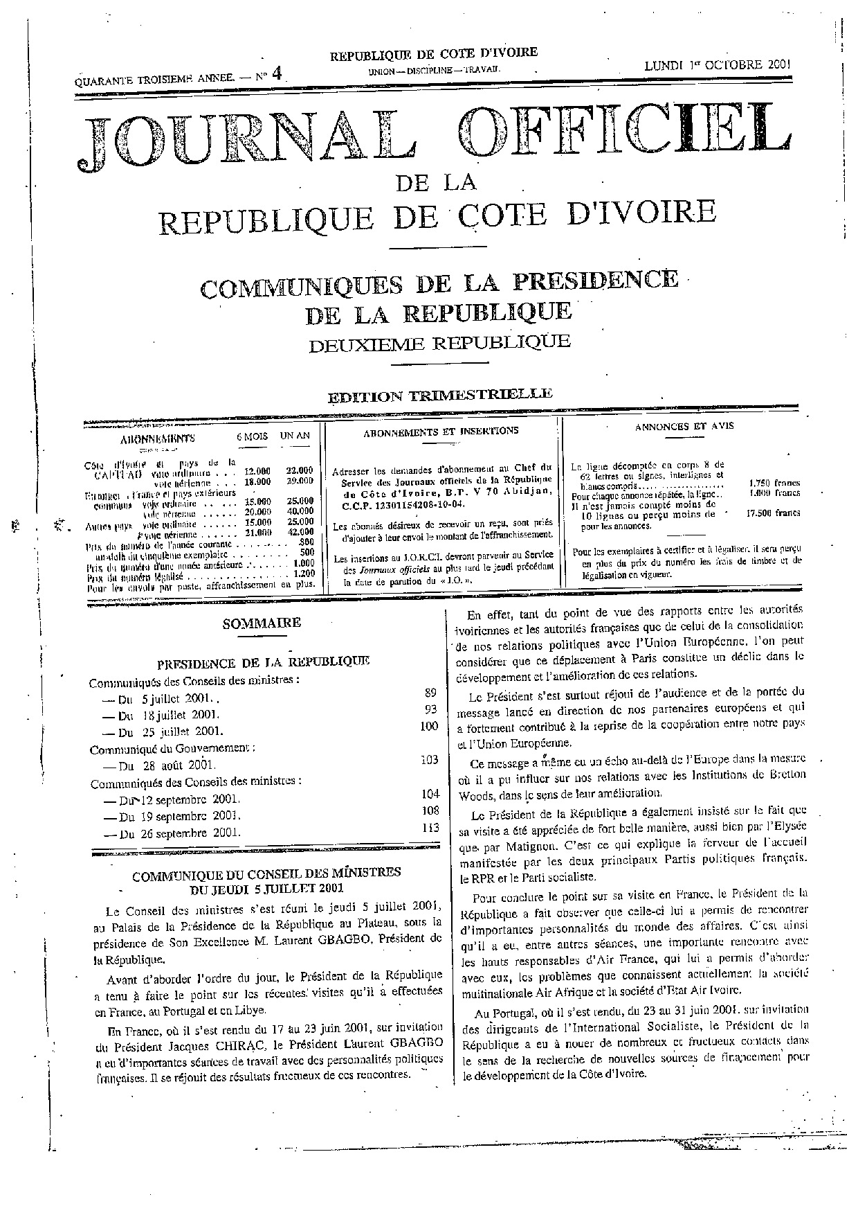 JO 2001-004-COMMUNIQUE