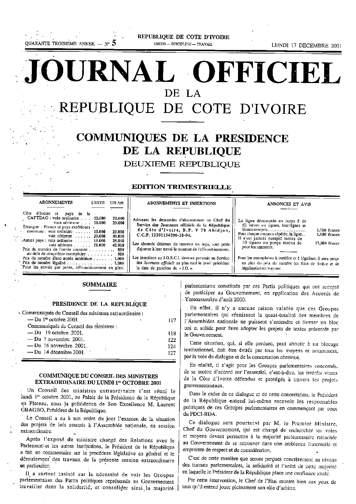 JO 2001-005-COMMUNIQUE