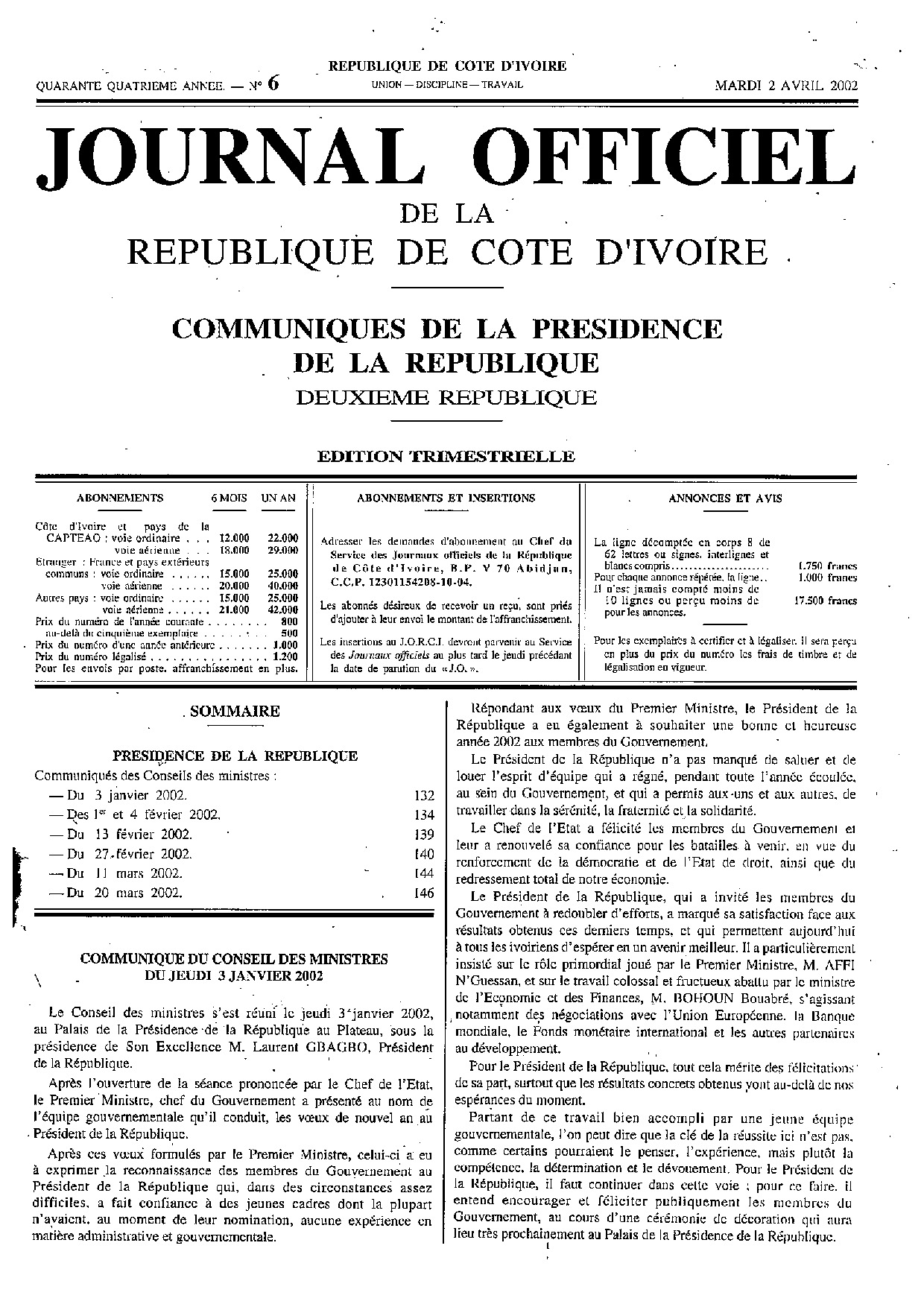 JO 2002-006 COMMUNIQUE