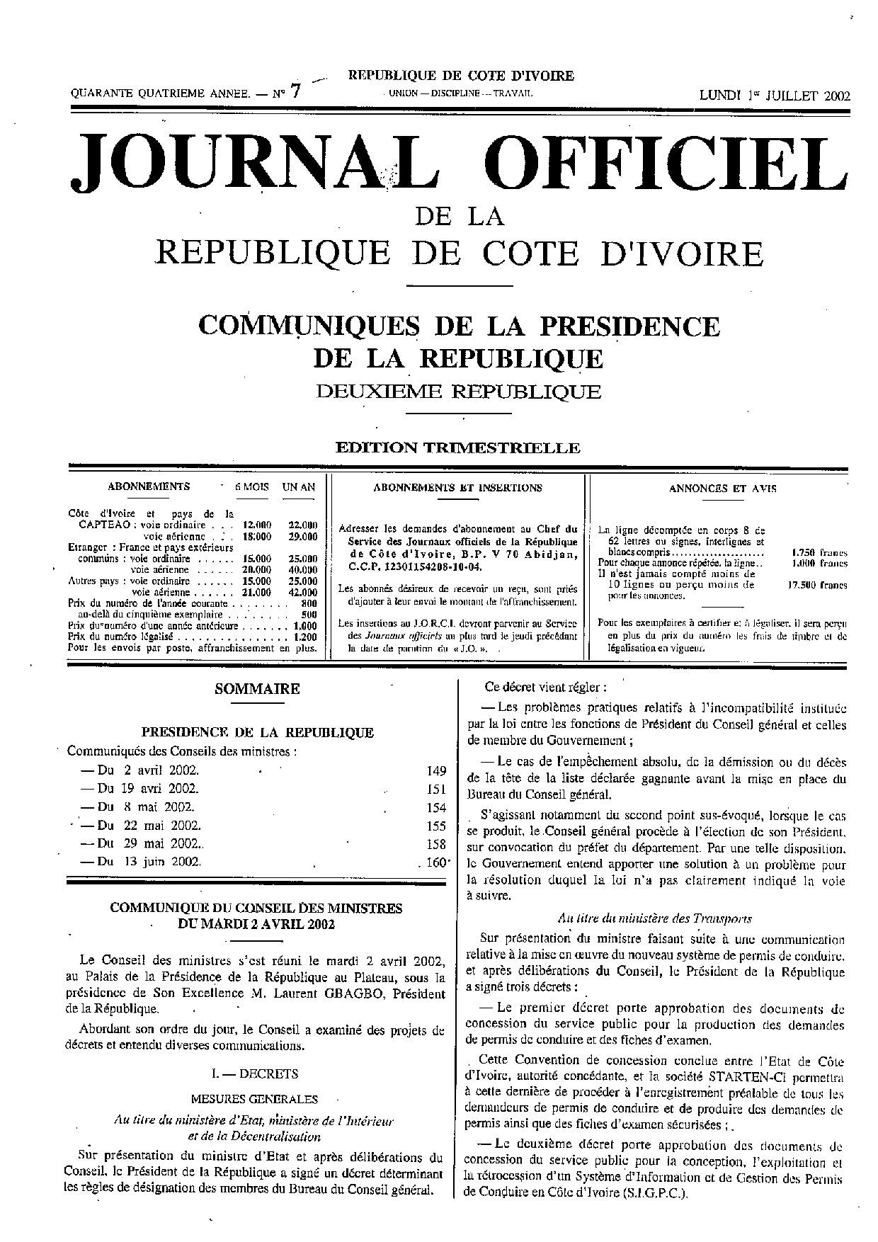 JO 2002-007 COMMUNIQUE