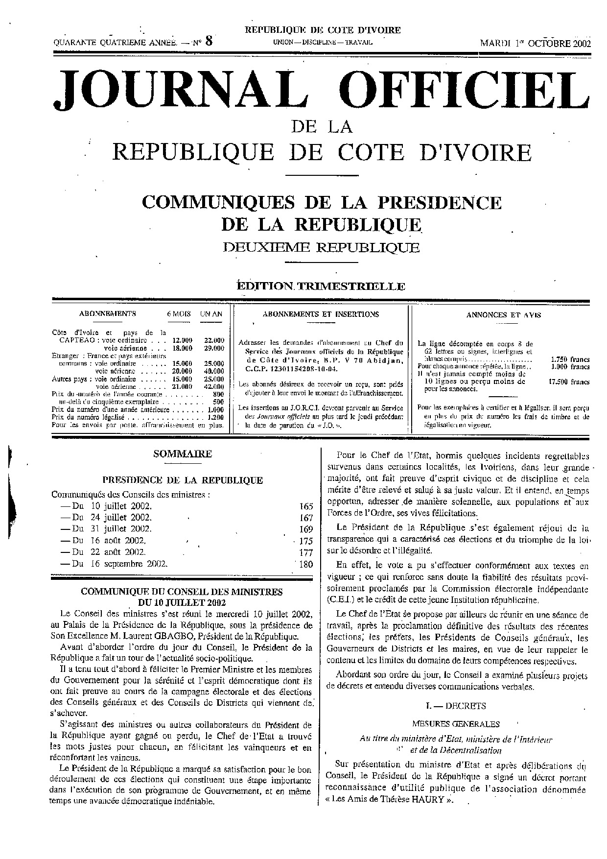 JO 2002-008 COMMUNIQUE