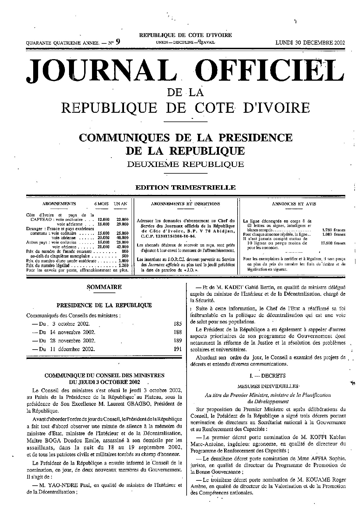 JO 2002-009 COMMUNIQUE