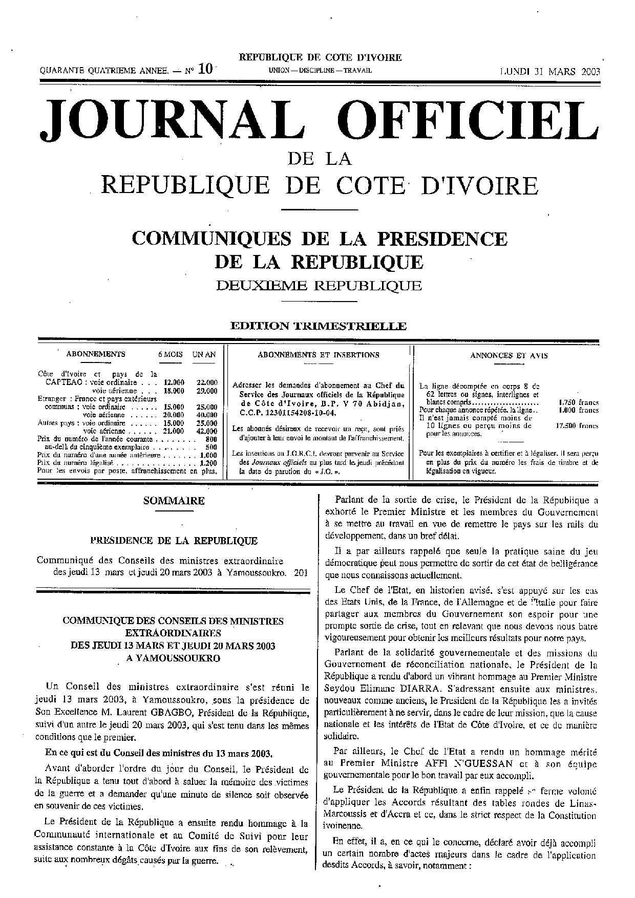 JO 2003-010 COMMUNIQUE