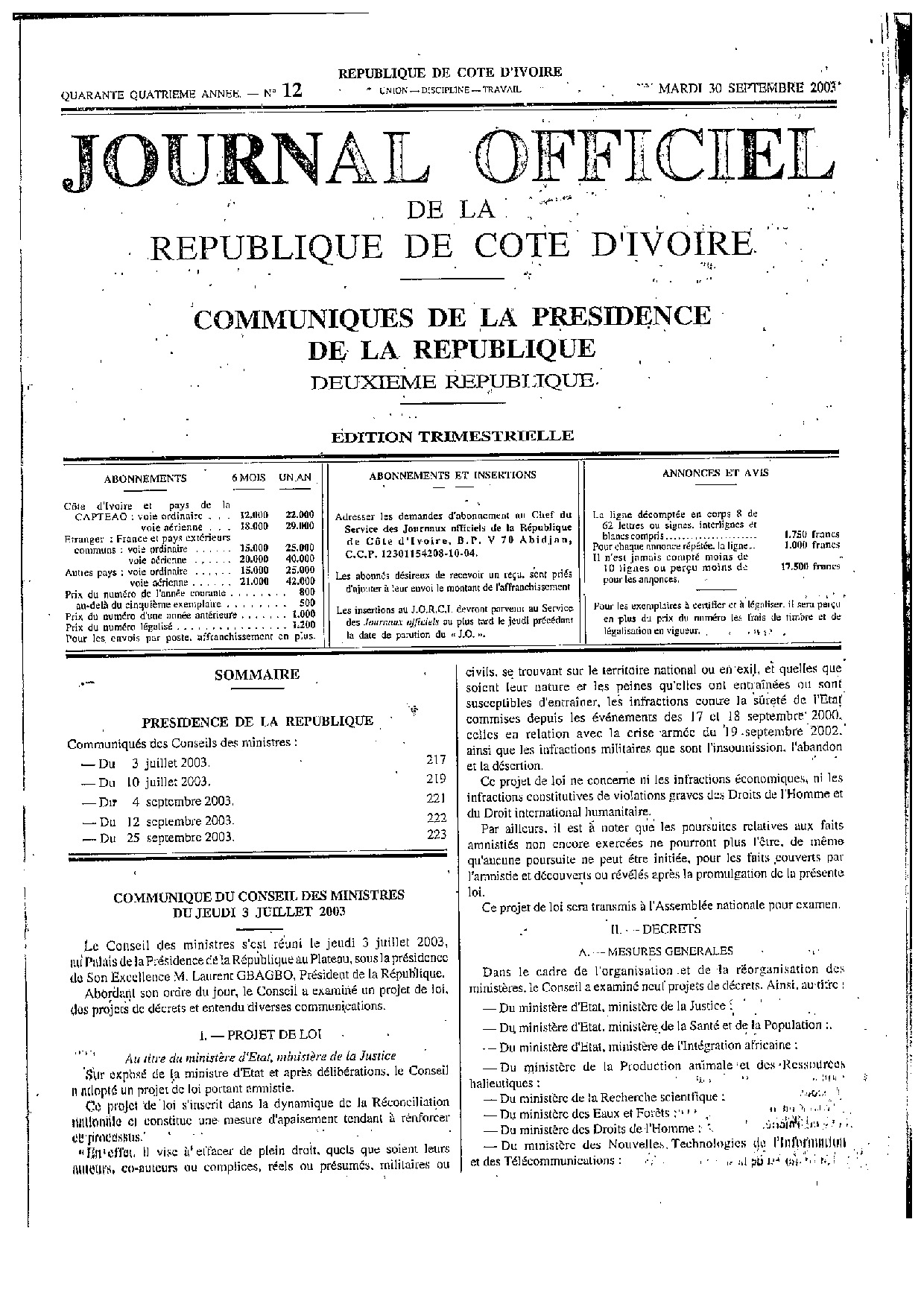 JO 2003-012 COMMUNIQUE