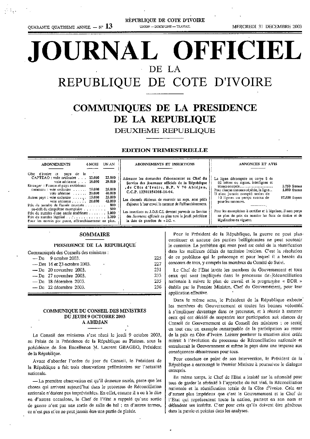 JO 2003-013 COMMUNIQUE