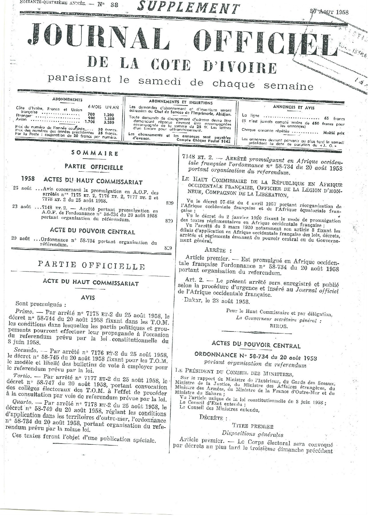 JO 1958-038 SUPPLEMENT